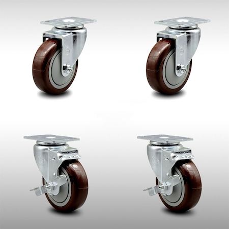 Service Caster 4 Inch SS Maroon Polyurethane Swivel Top Plate Caster Set with 2 Brakes SCC SCC-SS20S414-PPUB-MRN-2-TLB-2